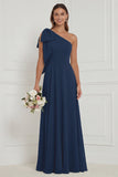 One Shoulder Bow A Line Sage Bridesmaid Dress with Lace-up Back