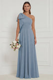 One Shoulder Bow A Line Sage Bridesmaid Dress with Lace-up Back