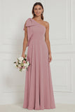 One Shoulder Bow A Line Sage Bridesmaid Dress with Lace-up Back
