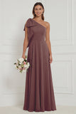 One Shoulder Bow A Line Sage Bridesmaid Dress with Lace-up Back