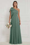 One Shoulder Bow A Line Sage Bridesmaid Dress with Lace-up Back