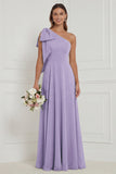 One Shoulder Bow A Line Sage Bridesmaid Dress with Lace-up Back