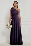 One Shoulder Bow A Line Sage Bridesmaid Dress with Lace-up Back