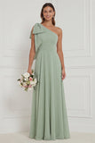 One Shoulder Bow A Line Sage Bridesmaid Dress with Lace-up Back