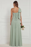 One Shoulder Bow A Line Sage Bridesmaid Dress with Lace-up Back