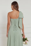 One Shoulder Bow A Line Sage Bridesmaid Dress with Lace-up Back