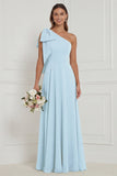 One Shoulder Bow A Line Sage Bridesmaid Dress with Lace-up Back