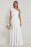 One Shoulder Bow A Line Sage Bridesmaid Dress with Lace-up Back