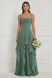 Sage A Line Corset Ruffled Long Bridesmaid Dress with Lace-up Back