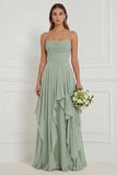 Sage A Line Corset Ruffled Long Bridesmaid Dress with Lace-up Back