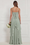 Sage A Line Corset Ruffled Long Bridesmaid Dress with Lace-up Back