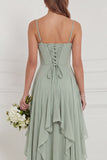 Sage A Line Corset Ruffled Long Bridesmaid Dress with Lace-up Back