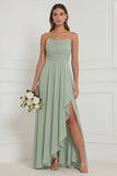 Sage Ruffle A Line Bridesmaid Dress with Slit