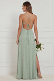 Sage Ruffle A Line Bridesmaid Dress with Slit