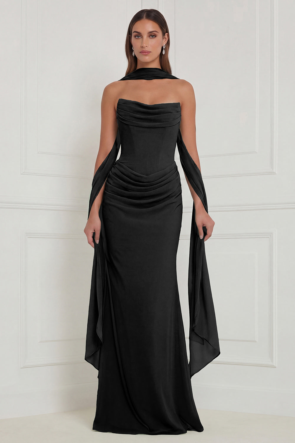 WEDTREND Women Strapless Sage Bridesmaid Dress with Scarf Ruched Long Wedding Guest Dress with Lace-up Back, Black / US20W