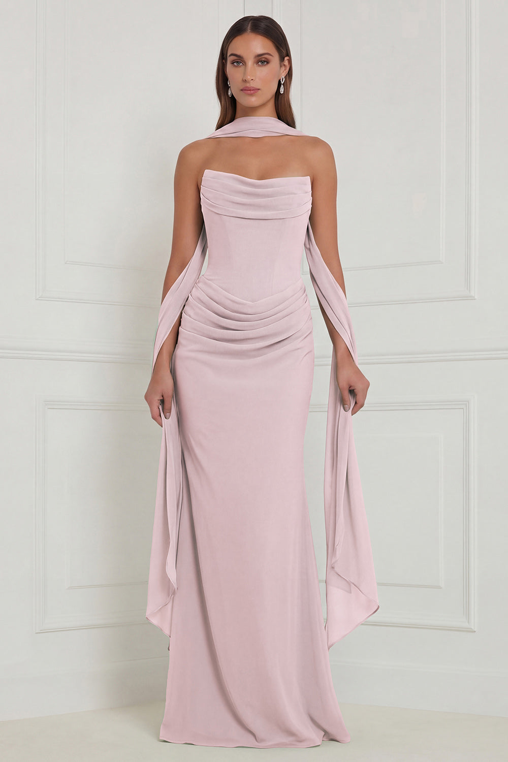 WEDTREND Women Strapless Sage Bridesmaid Dress with Scarf Ruched Long Wedding Guest Dress with Lace-up Back, Blush Pink / US18W