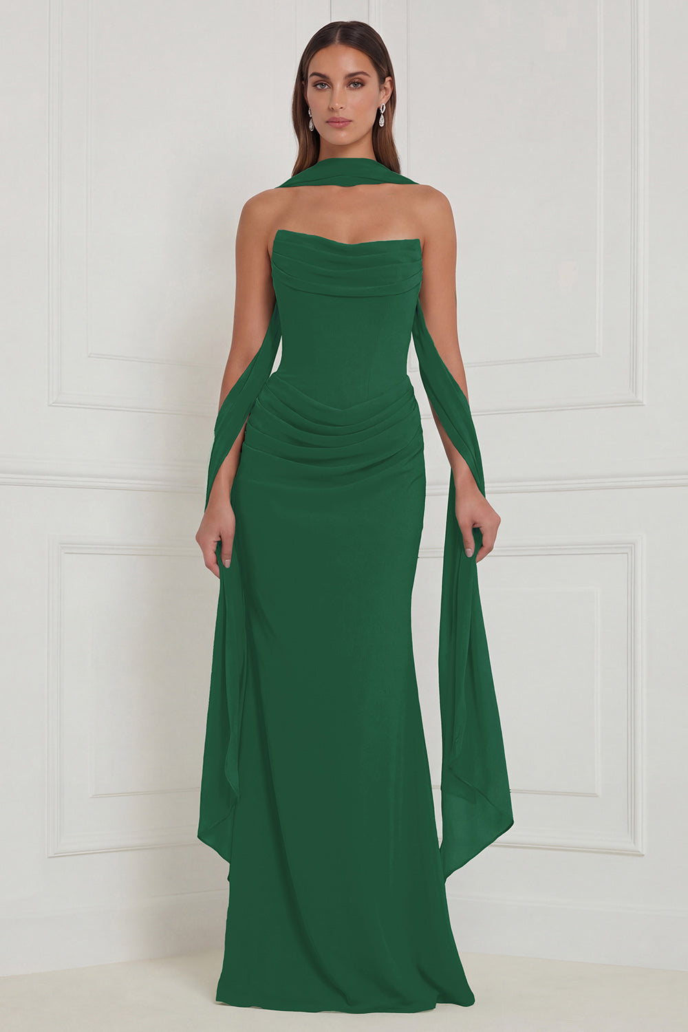 WEDTREND Women Strapless Sage Bridesmaid Dress with Scarf Ruched Long Wedding Guest Dress with Lace-up Back, Dark Green / US12
