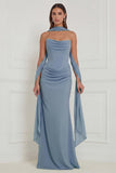 Strapless Ruched Sage Bridesmaid Dress with Scarf