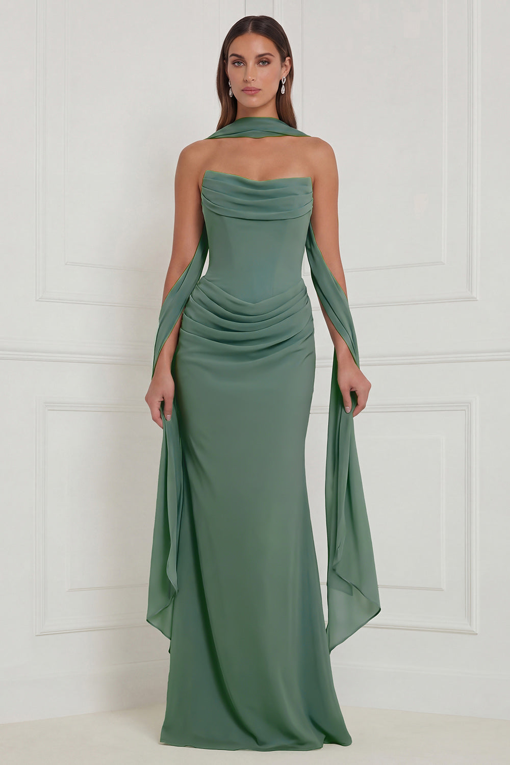 WEDTREND Women Strapless Sage Bridesmaid Dress with Scarf Ruched Long Wedding Guest Dress with Lace-up Back, Dark Green / US12