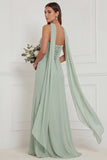 Strapless Ruched Sage Bridesmaid Dress with Scarf