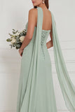 Strapless Ruched Sage Bridesmaid Dress with Scarf