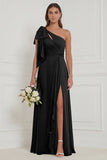 Sage A Line One Shoulder Long Bridesmaid Dress with Slit