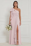Sage A Line One Shoulder Long Bridesmaid Dress with Slit