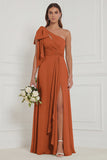 Sage A Line One Shoulder Long Bridesmaid Dress with Slit
