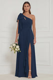Sage A Line One Shoulder Long Bridesmaid Dress with Slit