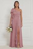 Sage A Line One Shoulder Long Bridesmaid Dress with Slit