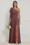 Sage A Line One Shoulder Long Bridesmaid Dress with Slit