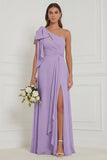 Sage A Line One Shoulder Long Bridesmaid Dress with Slit