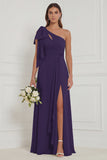 Sage A Line One Shoulder Long Bridesmaid Dress with Slit