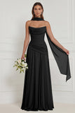Strapless A Line Sage Ruched Long Bridesmaid Dress with Scarf
