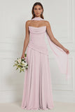 Strapless A Line Sage Ruched Long Bridesmaid Dress with Scarf