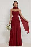 Strapless A Line Sage Ruched Long Bridesmaid Dress with Scarf