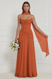 Strapless A Line Sage Ruched Long Bridesmaid Dress with Scarf