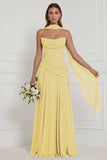 Strapless A Line Sage Ruched Long Bridesmaid Dress with Scarf