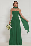 Strapless A Line Sage Ruched Long Bridesmaid Dress with Scarf