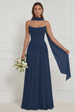 Strapless A Line Sage Ruched Long Bridesmaid Dress with Scarf