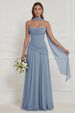 Strapless A Line Sage Ruched Long Bridesmaid Dress with Scarf