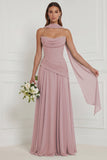 Strapless A Line Sage Ruched Long Bridesmaid Dress with Scarf