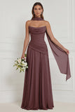 Strapless A Line Sage Ruched Long Bridesmaid Dress with Scarf