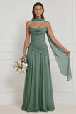 Strapless A Line Sage Ruched Long Bridesmaid Dress with Scarf