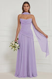 Strapless A Line Sage Ruched Long Bridesmaid Dress with Scarf