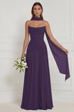 Strapless A Line Sage Ruched Long Bridesmaid Dress with Scarf