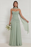 Strapless A Line Sage Ruched Long Bridesmaid Dress with Scarf