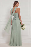Strapless A Line Sage Ruched Long Bridesmaid Dress with Scarf
