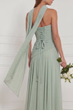 Strapless A Line Sage Ruched Long Bridesmaid Dress with Scarf