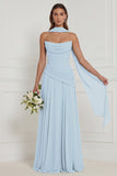 Strapless A Line Sage Ruched Long Bridesmaid Dress with Scarf